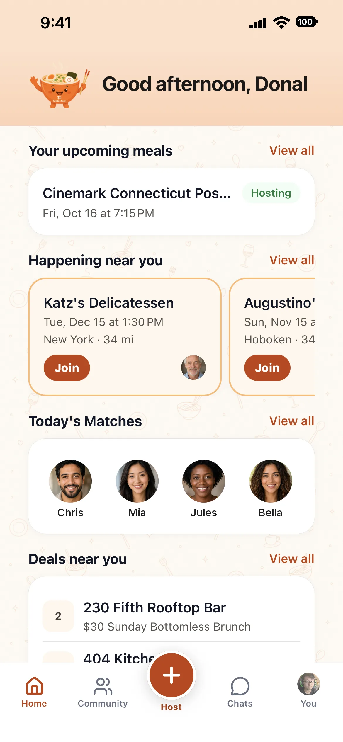 TableMesh home screen showing upcoming meals and tables near you